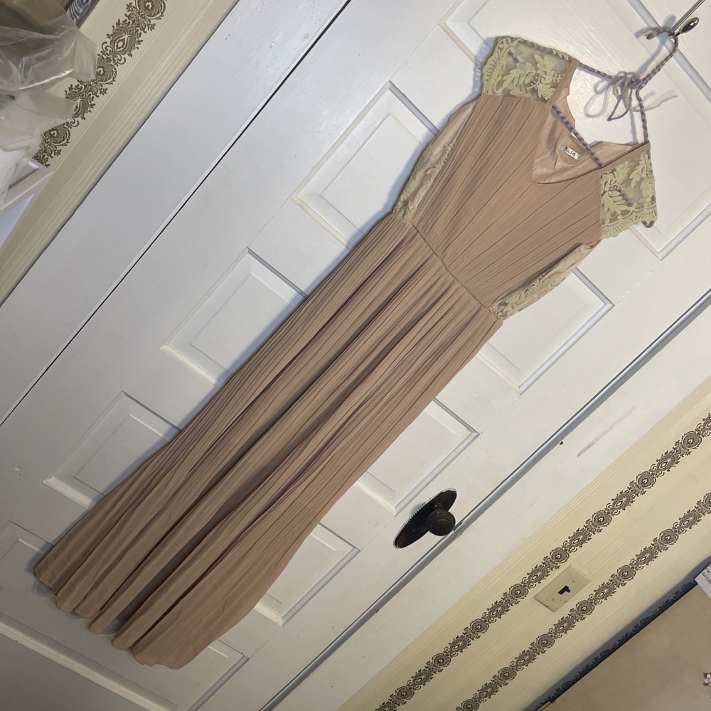 H & B XL Nude Pleated Halter Dress Delicate Lace Inserts